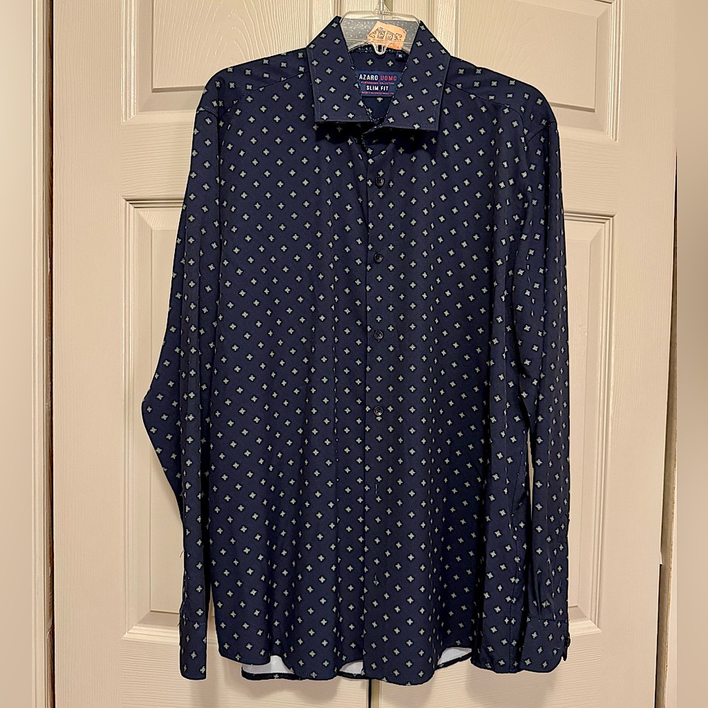 Azaro Uomo Men’s Navy Blue with White Pattern Slim Fit Shirt